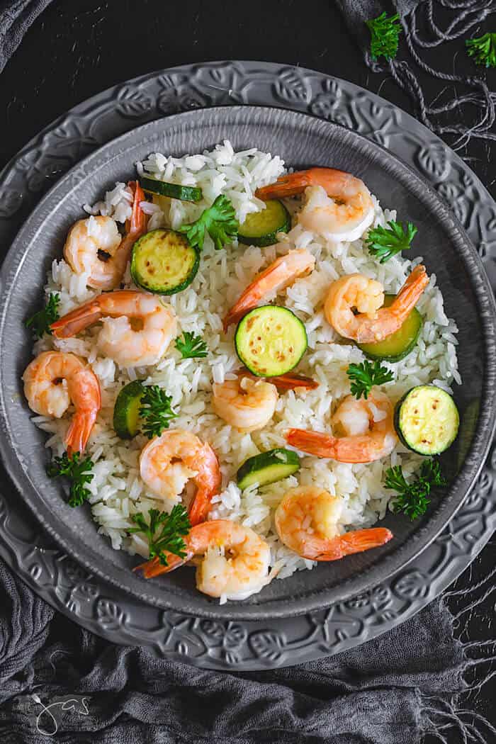 Overhead shot of shrimp risotto dish.