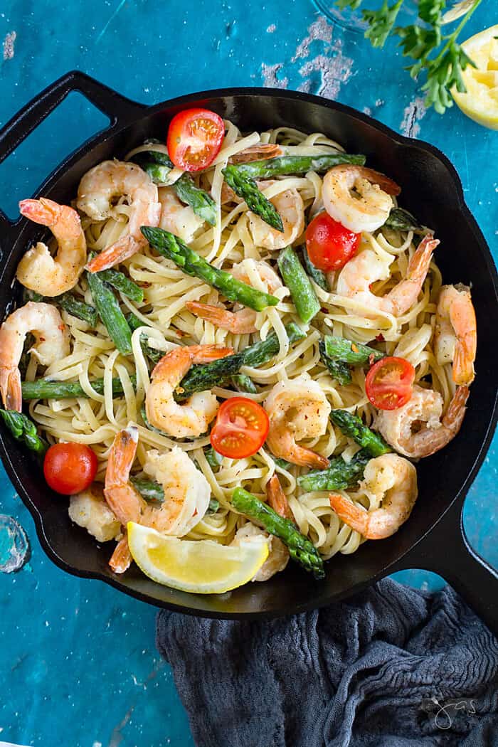 A bowl of food, with Shrimp and Linguine