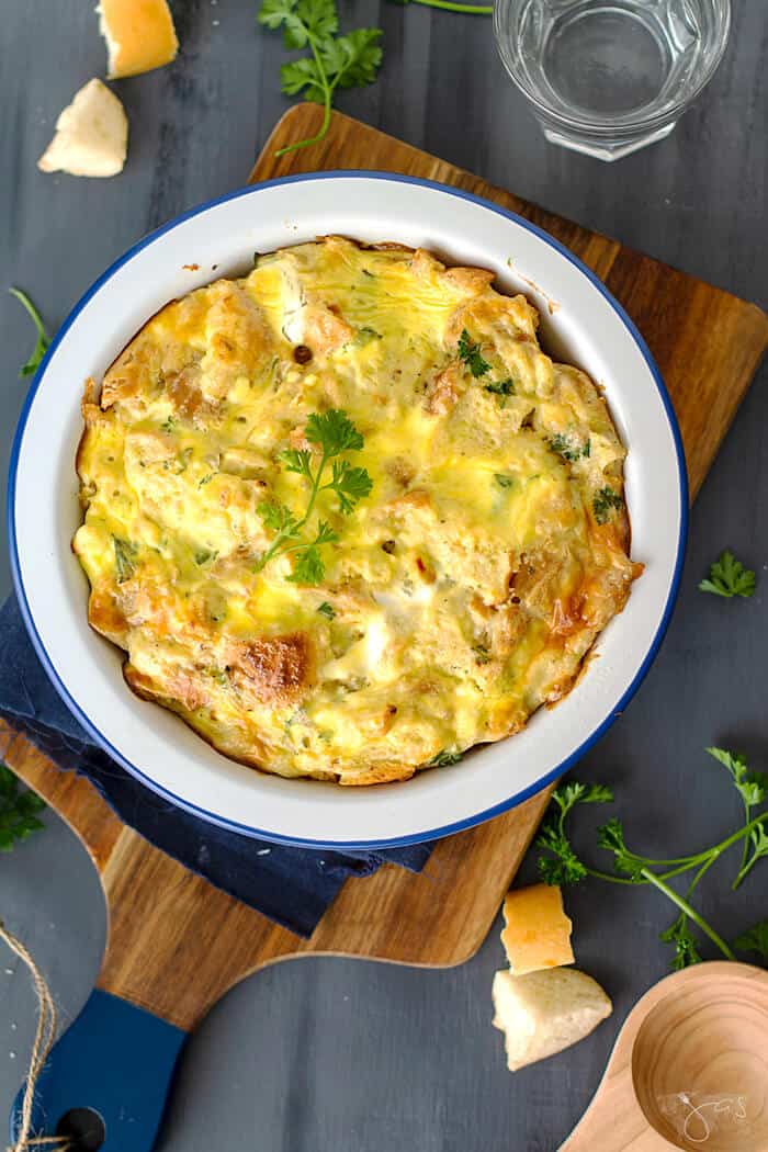 pudding with stale bread out of the oven