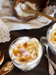Dessert in glass dishes with coconut and bananas