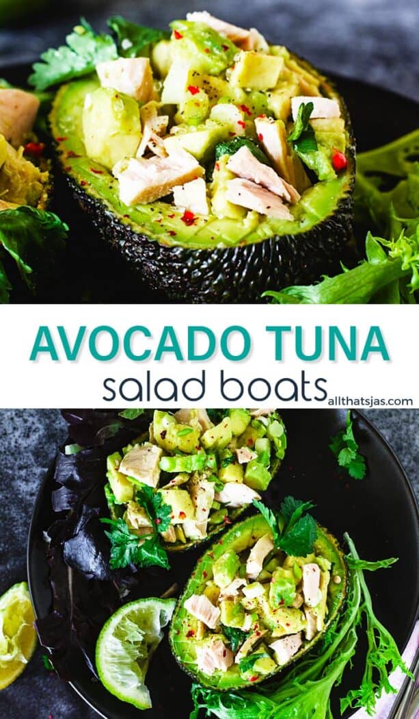 Two photos of avocado tuna salad in avocado skin boats with text overlay in the middle