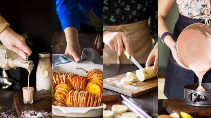 A collage of photos with a person cooking