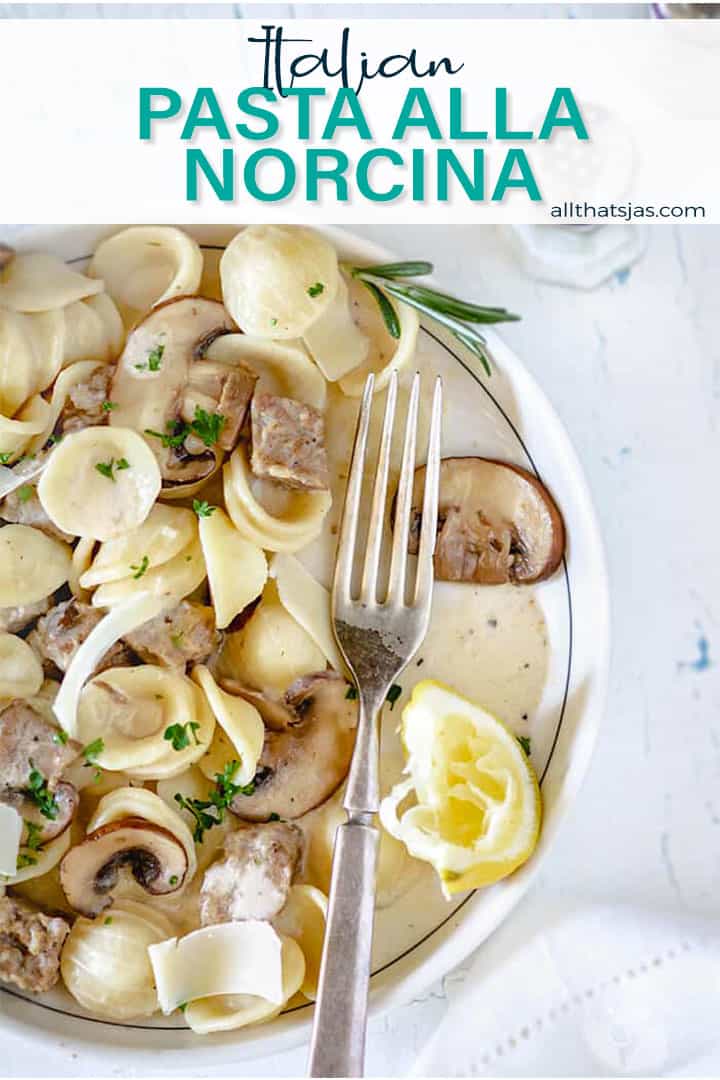 An overhead shot of orecchiette pasta with mushrooms and fork on a plate with text overlay.