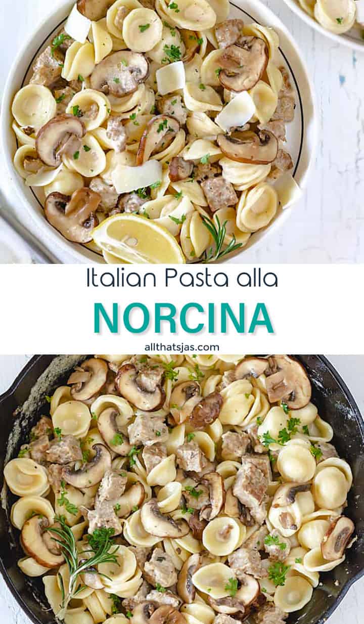 Two photo image of Italian pasta dish with text overlay in the middle.