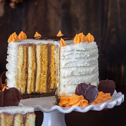 A shot of the cake's inside with orange and chocolate vertical layers
