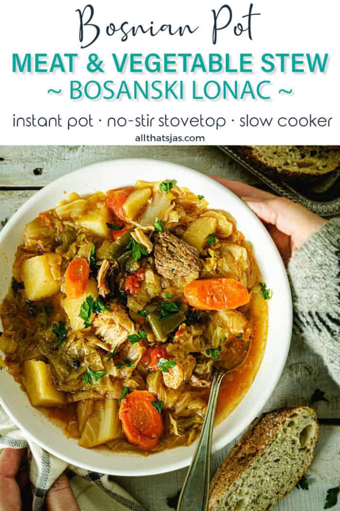 A serving of Bosnian winter stew with text overlay.