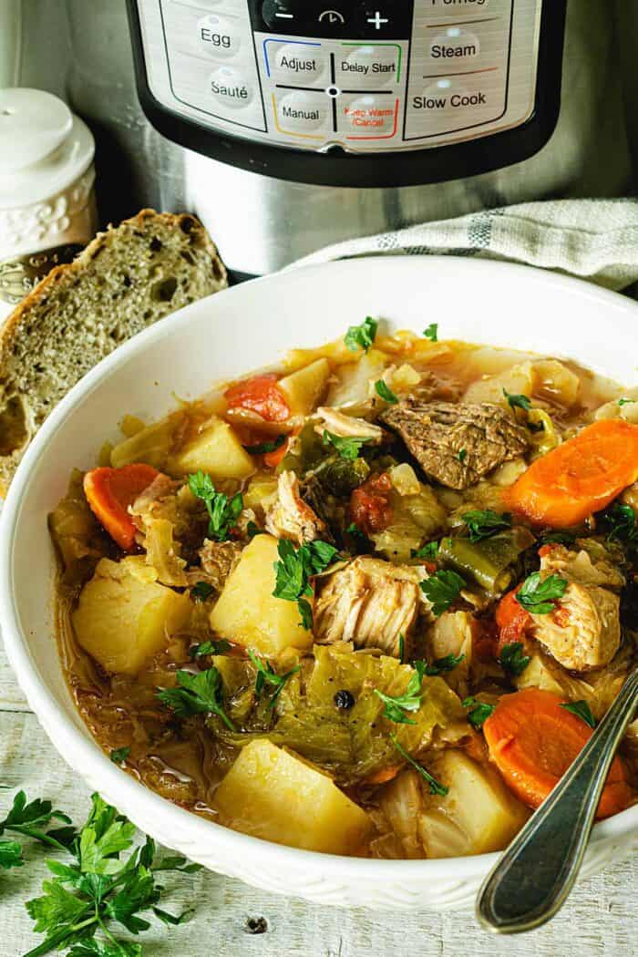 A bowl of cabbage stew with instant pot in the background.