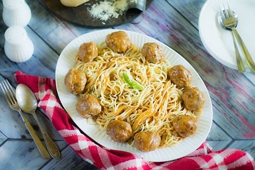 A plate of spaghetti and meatballs