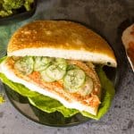 A close up of a fish sandwich