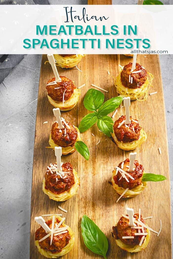 Overhead shot of nests with meatballs and basil on a cutting board with text overlay.