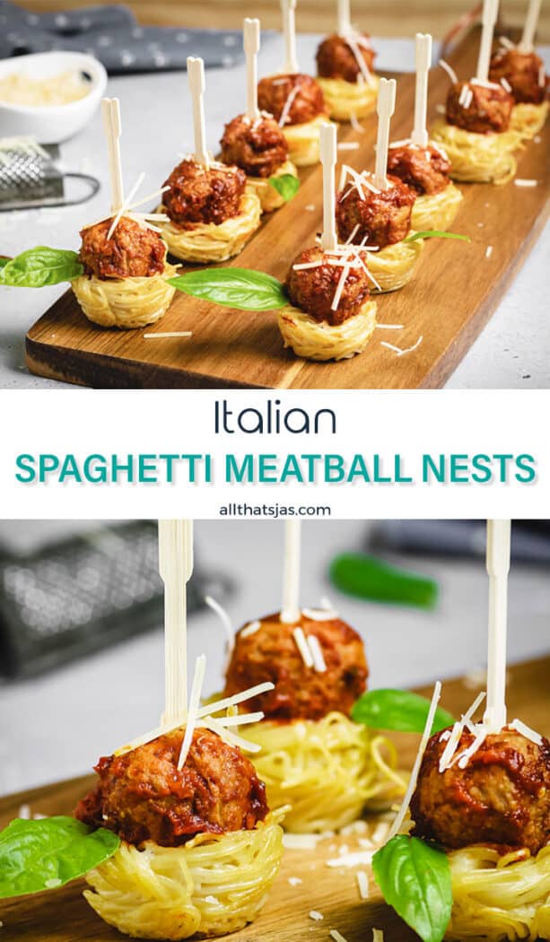 Two photo image of the spaghetti meatball nests with text overlay.