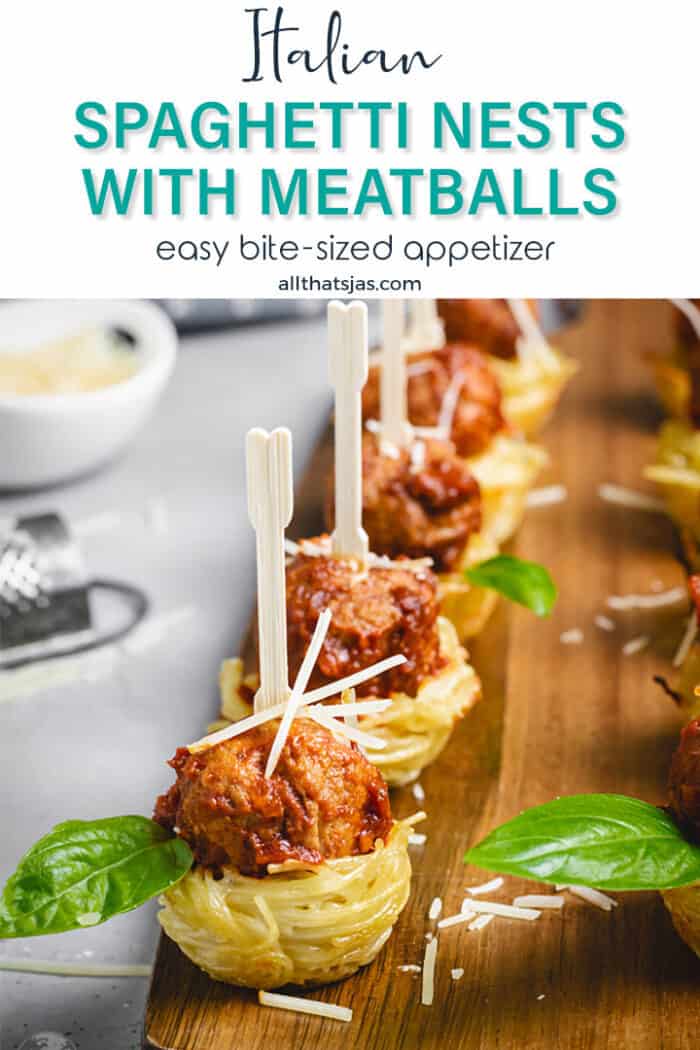 Row of meatballs nestled into spaghetti nests with text overlay.