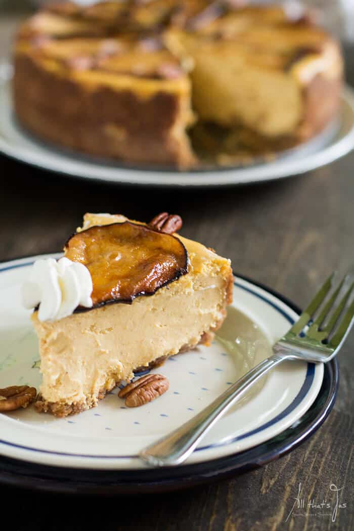 A piece of cake on a plate, with pears