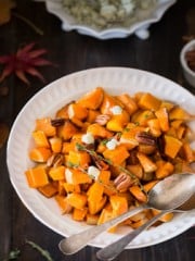 Roasted Butternut Squash with Pecans and Blue Cheese on a plate