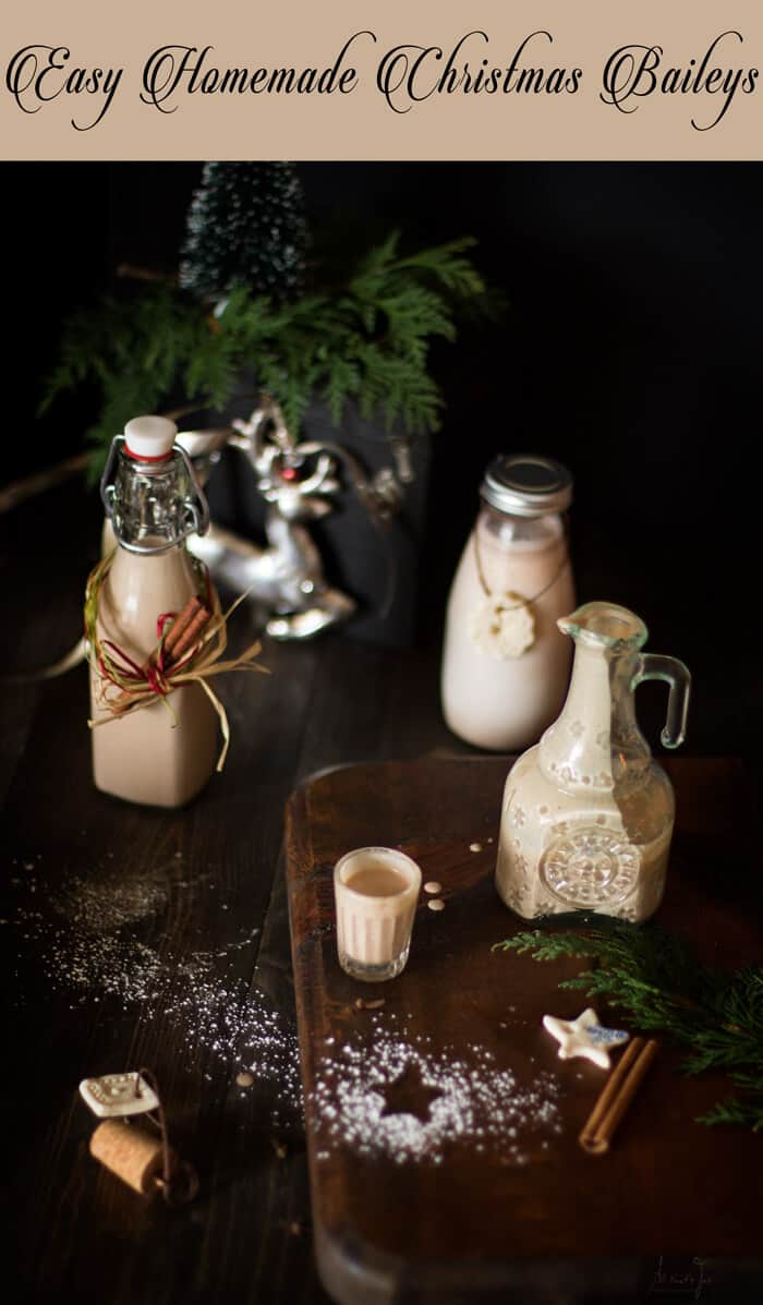 A table with bottles of creamy Baileys cocktail and text.