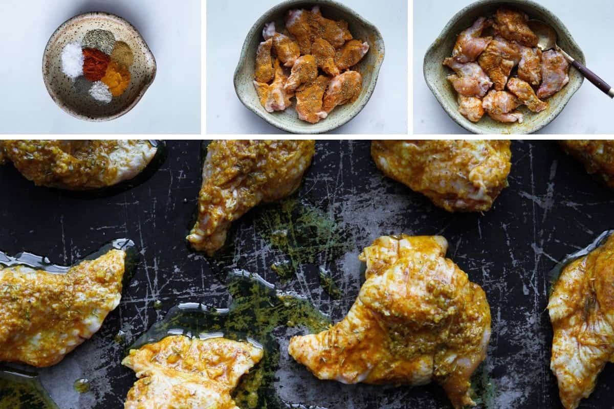 Spices in a bowl, wings mixed with spices in a bowl, and spread on a baking sheet.