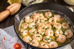 A pan filled with shrimp