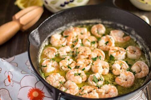 A pan filled with shrimp