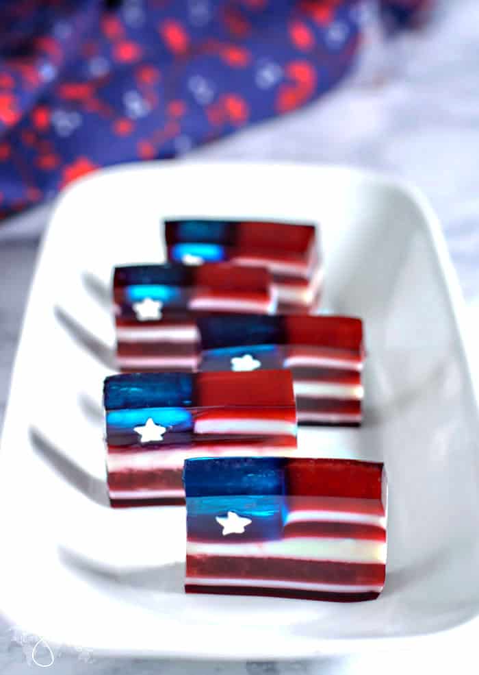 Flag-looking jello dessert for Independence day on a plate. 