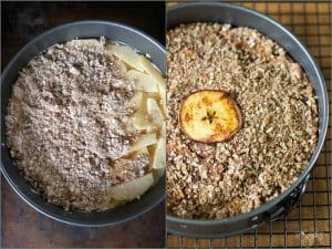 The layering of the apple cheesecake with oatmeal streusel.