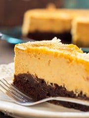 slice of brownie pumpkin creme brulee cheesecake