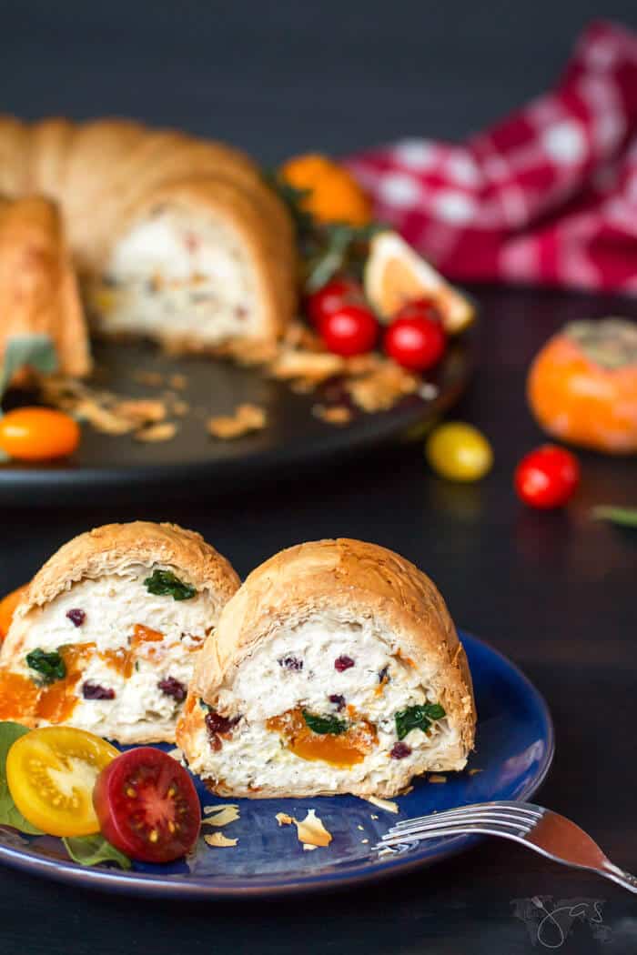 Slices of fillo ricotta bundt pie with butternut squash and spinach