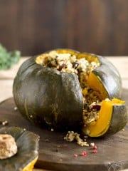 A close up of the stuffed buttercup squash.