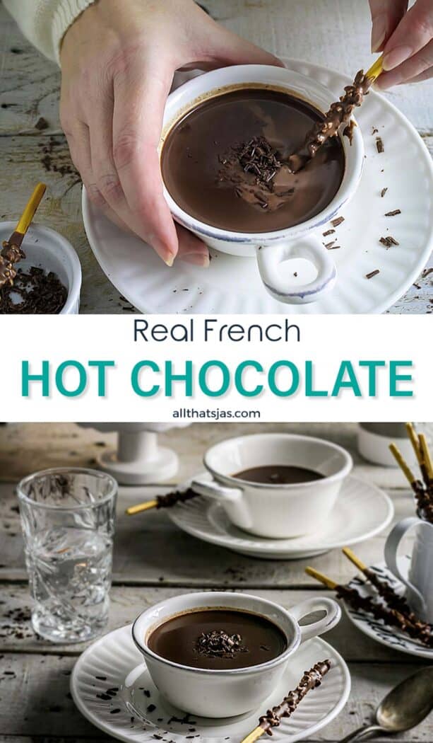 Two photo image of hot chocolate with text overlay in the middle