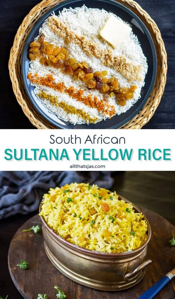 Two photo image of sultana yellow rice with text overlay.