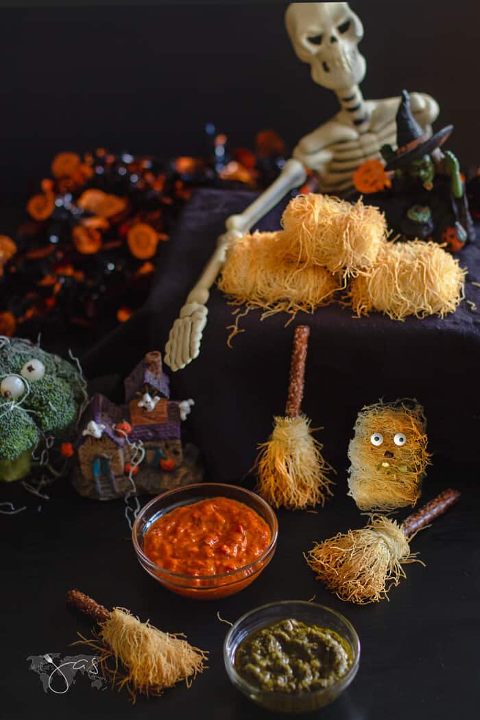 Kataifi nutty monster, broomsticks, and haystacks are perfect Halloween decoration and treats.