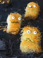 Close up shot of three dhredded fillo dough fun monsters