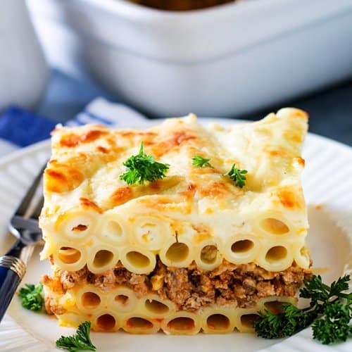 A front close up shot of pastitsio casserole slice