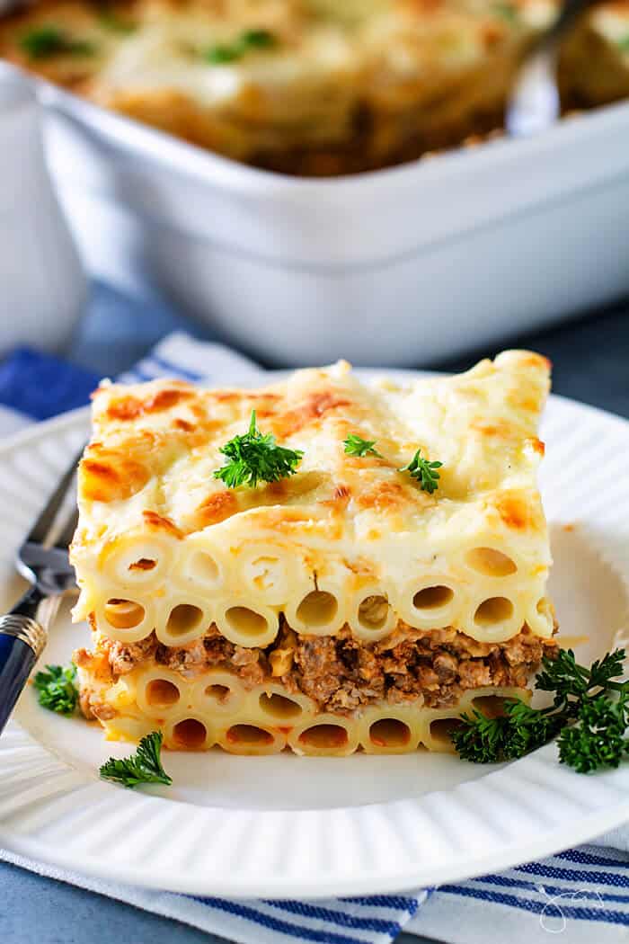 A front close up shot of pastitsio casserole slice