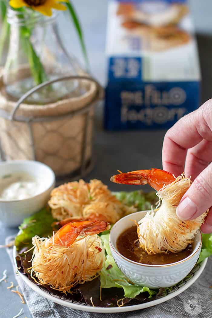 Spicy Shrimp in Crispy Kataifi Dough | allthatsjas.com