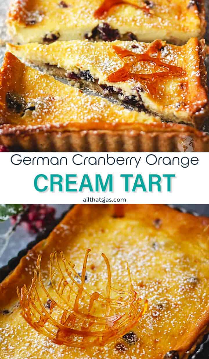 Two photo image of the German cranberry orange dessert with text overlay in the middle.