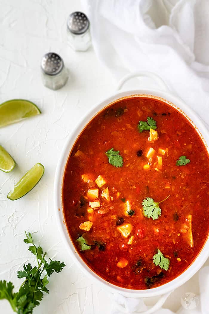 Mexican Quick and Easy Homemade Chicken Tortilla Soup in a white oval dish