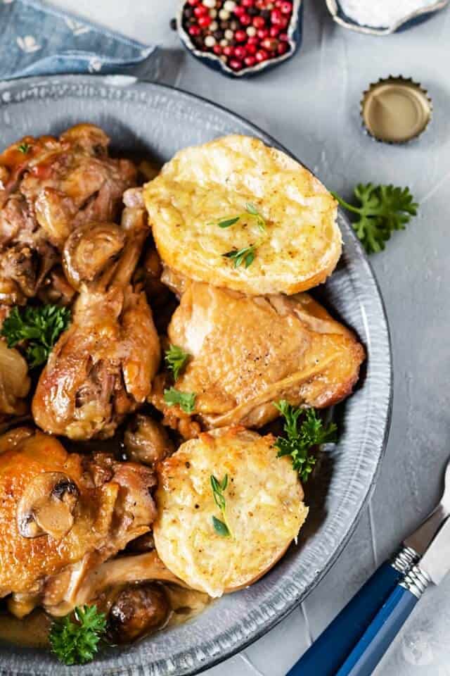 Chicken in Beer Sauce with Welsh Rarebit - Coq à la Bière