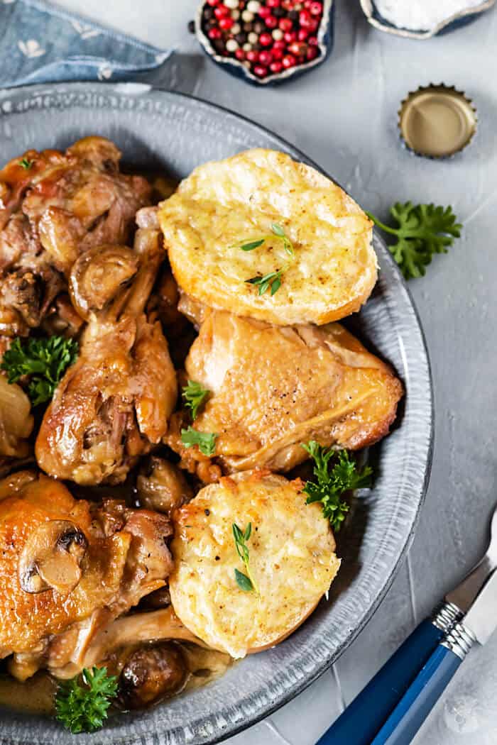 Chicken in Beer Sauce with Welsh Rarebit Coq à la Bière