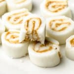 Pieces of sliced potato candy with peanut butter.