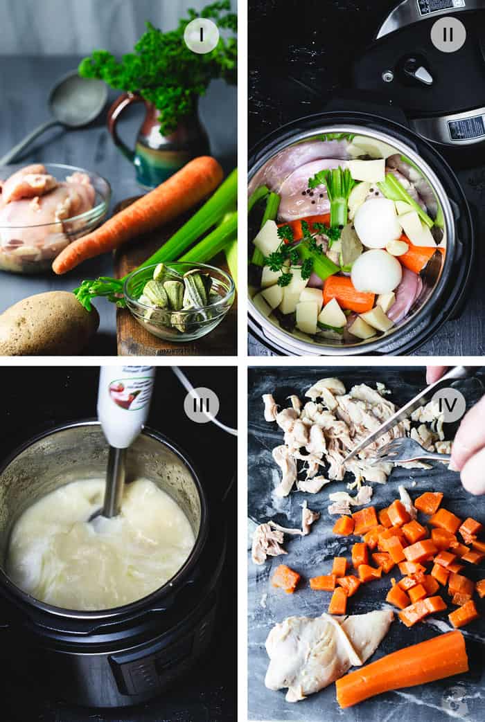 Four steps of how to make Bey's soup in an Instant pot, including ingredients