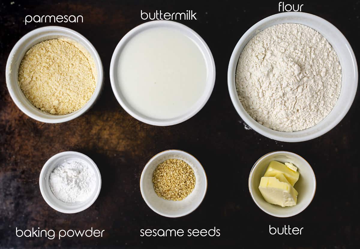 Ingredients for buttermilk biscuits with parmesan and sesame. 