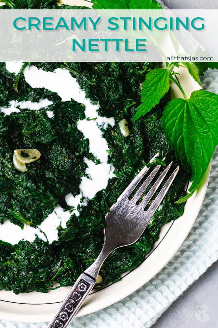 A shot of plate with stinging nettle dish with cream and a fork, with text overlay.