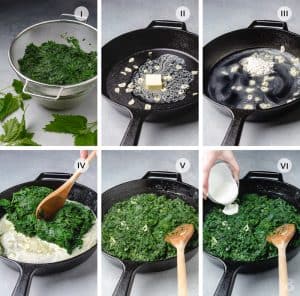 Step by step 6 photos of how to make creamy stinging nettle.