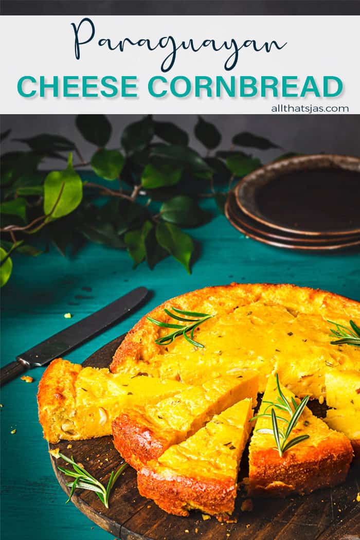 A front shot of the cornbread sliced in wedges with text overlay