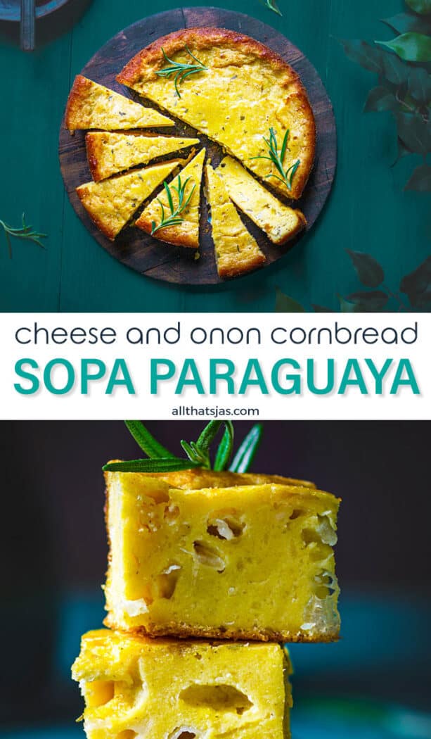 Two photos of sope paraguaya in one image with text overlay in the middle