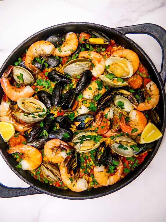 seafood paella in cast iron skillet