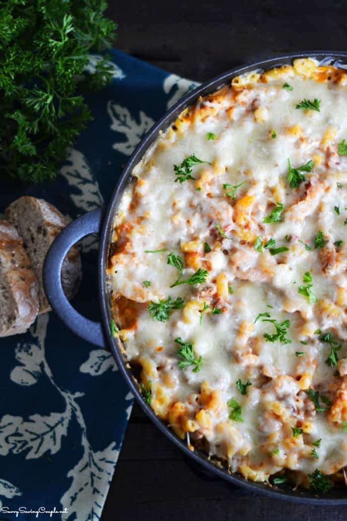 Cheesy pasta in a black skillet