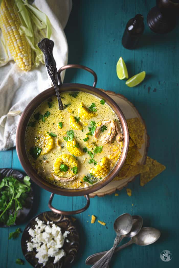 Overhead shot of the pot with Peruvian chicken corn chupe