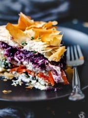 Close up layers of the vegetable and cheese pie.