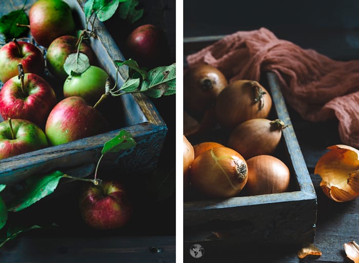 Food styling and photography of apples and onions